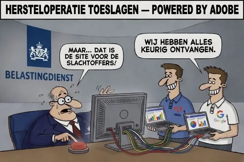 Spotprent: Belastingdienst-bestuurder schrikt, Adobe en Google bedanken voor de data