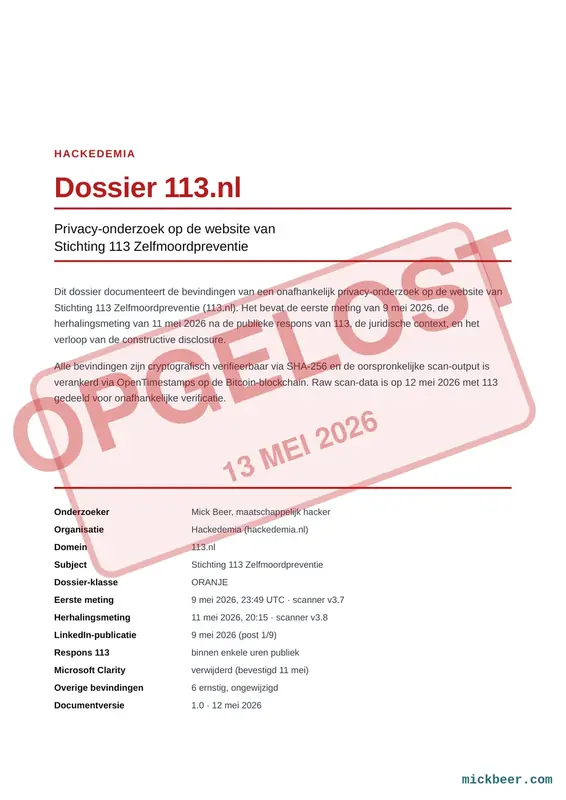 Voorblad van het 113-dossier — case-recap over de privacyschending op de nationale zelfmoordpreventielijn en hoe 113 erop reageerde.
