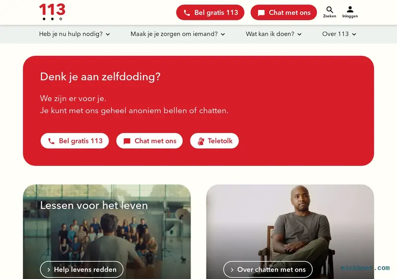 Screenshot van de homepage van 113.nl met het rode hulpvraagblok