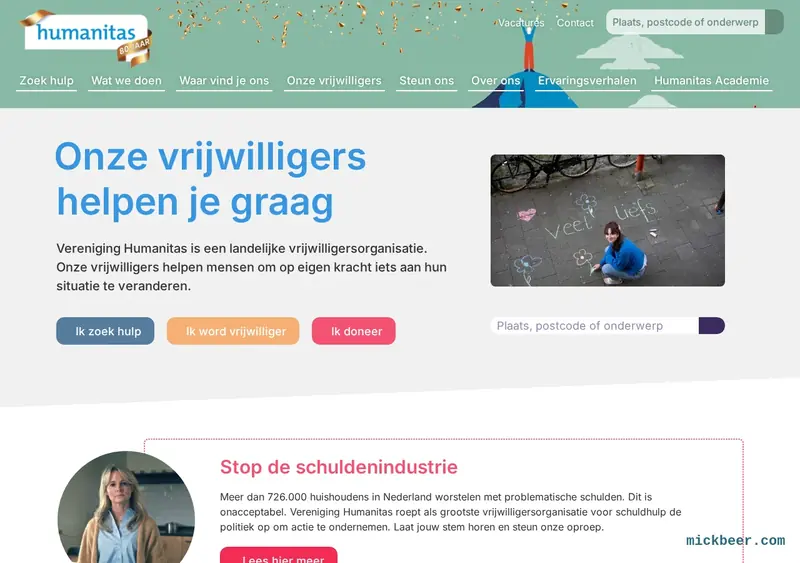 Screenshot van de homepage van humanitas.nl, met de oproep