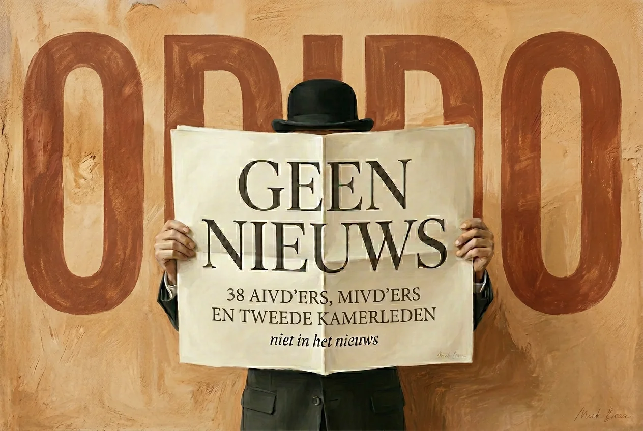 Schilderij in de stijl van Magritte: een man met bolhoed houdt een opengeslagen krant voor zijn gezicht. De kop luidt 'Geen nieuws: 38 AIVD'ers, MIVD'ers en Tweede Kamerleden, niet in het nieuws'. Achter hem staat groot het woord ODIDO op de muur geschilderd.
