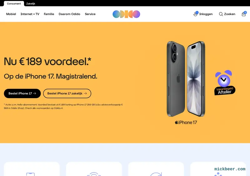 Screenshot van de homepage van odido.nl, het telecombedrijf wiens Salesforce-omgeving werd gehackt en waaruit de gegevens van 6,2 miljoen klanten lekten.