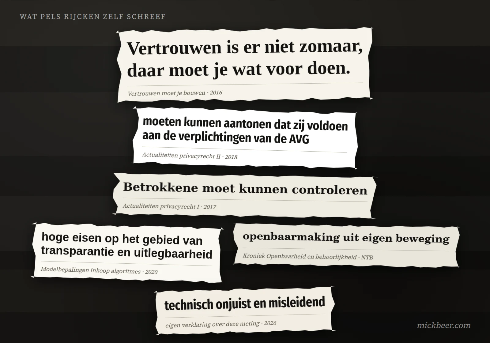 Zes uitgeknipte citaten uit publicaties van Pels Rijcken, elk met bronvermelding.