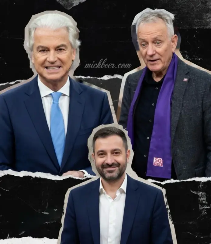 Drie partijleiders in collage: Geert Wilders (PVV), de leider van 50PLUS in purper sjaal, en Stephan van Baarle (DENK) onderin.