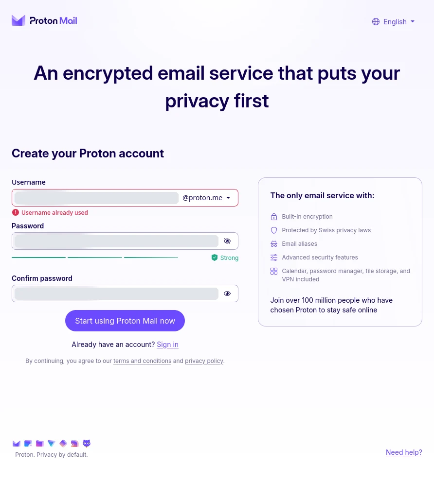 Het aanmeldformulier van Proton Mail, Create your Proton account. Velden voor gebruikersnaam met @proton.me erachter, wachtwoord en bevestiging van het wachtwoord. Alle drie de velden zijn onherkenbaar gemaakt met een effen grijze balk. Onder de gebruikersnaam de rode melding Username already used. Rechts een kader met wat Proton belooft, waaronder Protected by Swiss privacy laws.