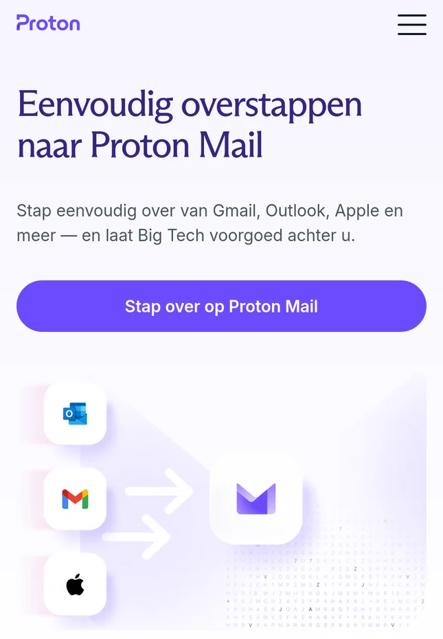 De pagina Eenvoudig overstappen naar Proton Mail op proton.me, op een telefoon. Een paarse knop Stap over op Proton Mail en een tekening van de logo's van Outlook, Gmail en Apple met pijlen naar Proton.