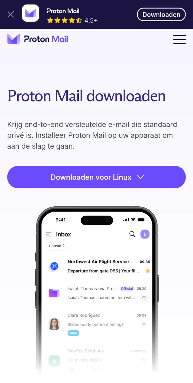 De downloadpagina van Proton Mail op proton.me, op een telefoon, met de kop Proton Mail downloaden, een paarse downloadknop en een telefoon met de inbox van de app.