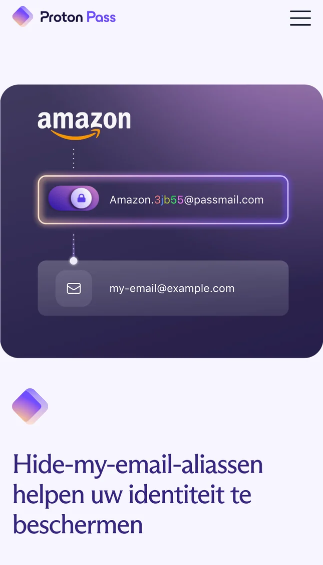 De pagina over hide-my-email-aliassen op proton.me. Een voorbeeld laat zien hoe een alias voor Amazon, met een adres op passmail.com, doorstuurt naar een gewoon mailadres. Daaronder de kop Hide-my-email-aliassen helpen uw identiteit te beschermen.