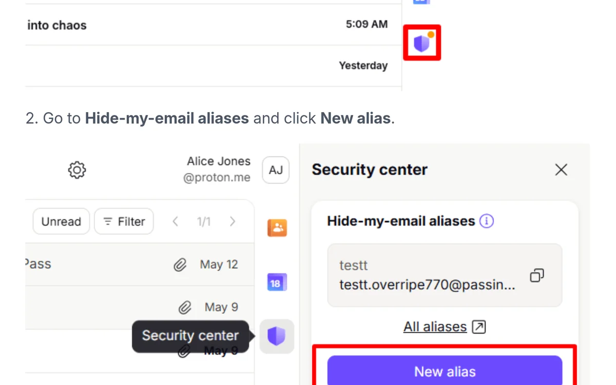 Uitsnede van de hulppagina van Proton over aliassen. Stap 2: Go to Hide-my-email aliases and click New alias. Een schermafbeelding van het paneel Security center met een voorbeeldalias en de knop New alias, rood omkaderd.