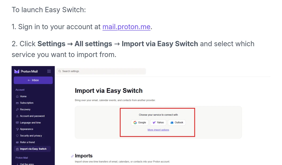 Uitsnede van de Engelstalige hulppagina van Proton over e-mail importeren. Boven de tekst: Click Settings, All settings, Import via Easy Switch. Daaronder een schermafbeelding van de Proton Mail-instellingen met het blok Import via Easy Switch en de keuze Google, Yahoo of Outlook, rood omkaderd.
