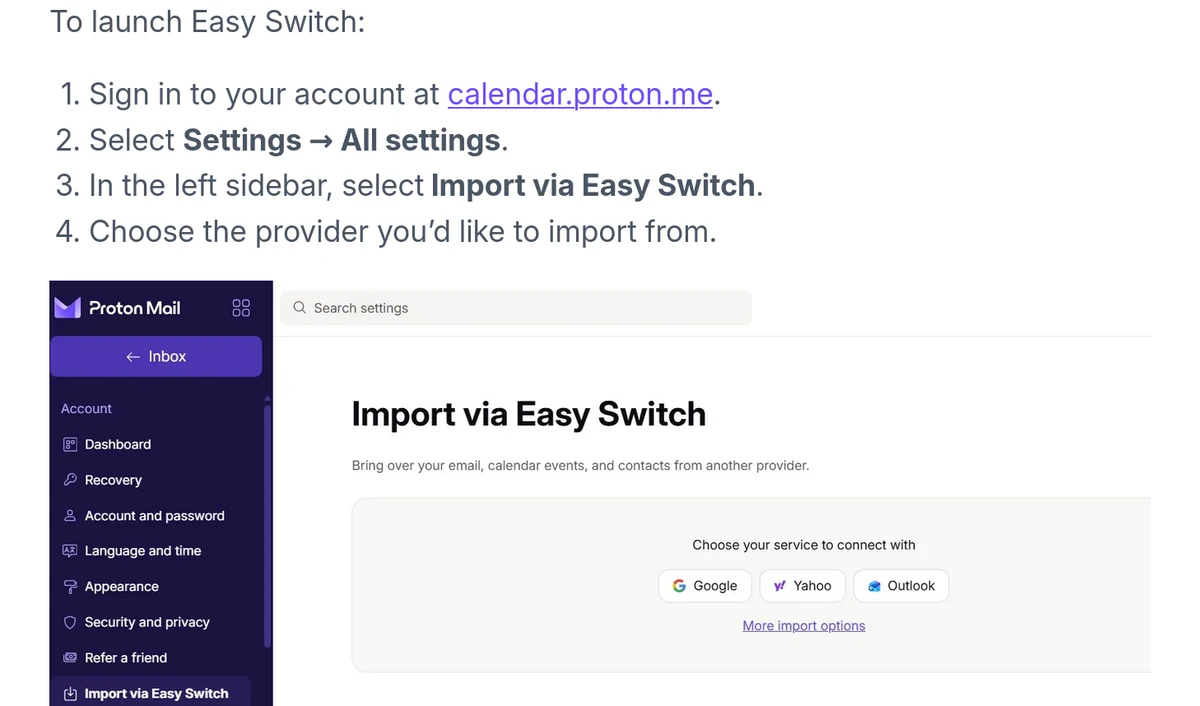 Uitsnede van de hulppagina van Proton over agenda's importeren. Een schermafbeelding van de instellingen met Import via Easy Switch, de knoppen Google, Yahoo en Outlook en daaronder de link More import options.