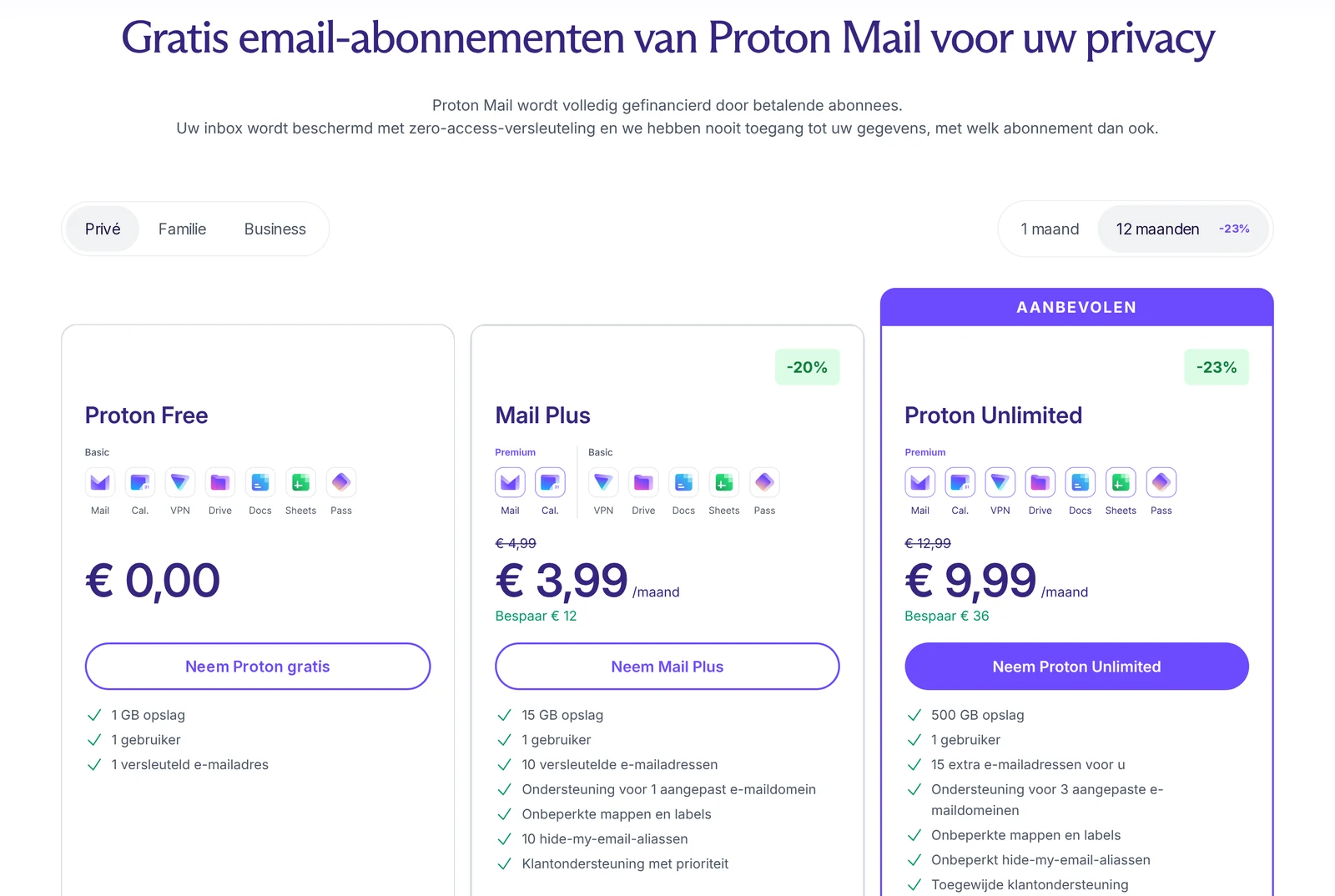 De prijspagina van Proton Mail in het Nederlands. Drie abonnementen naast elkaar. Proton Free voor 0,00 euro met 1 GB opslag, 1 gebruiker en 1 versleuteld e-mailadres. Mail Plus voor 3,99 euro per maand bij een jaar, normaal 4,99, met 15 GB opslag en 10 adressen. Proton Unlimited voor 9,99 euro per maand bij een jaar, normaal 12,99, met 500 GB opslag.