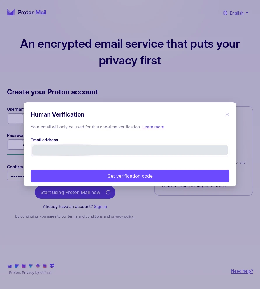 Het venster Human Verification over het aanmeldformulier. Tekst: Your email will only be used for this one-time verification. Een veld Email address, waarvan de inhoud onherkenbaar is gemaakt met een effen grijze balk, en de knop Get verification code.