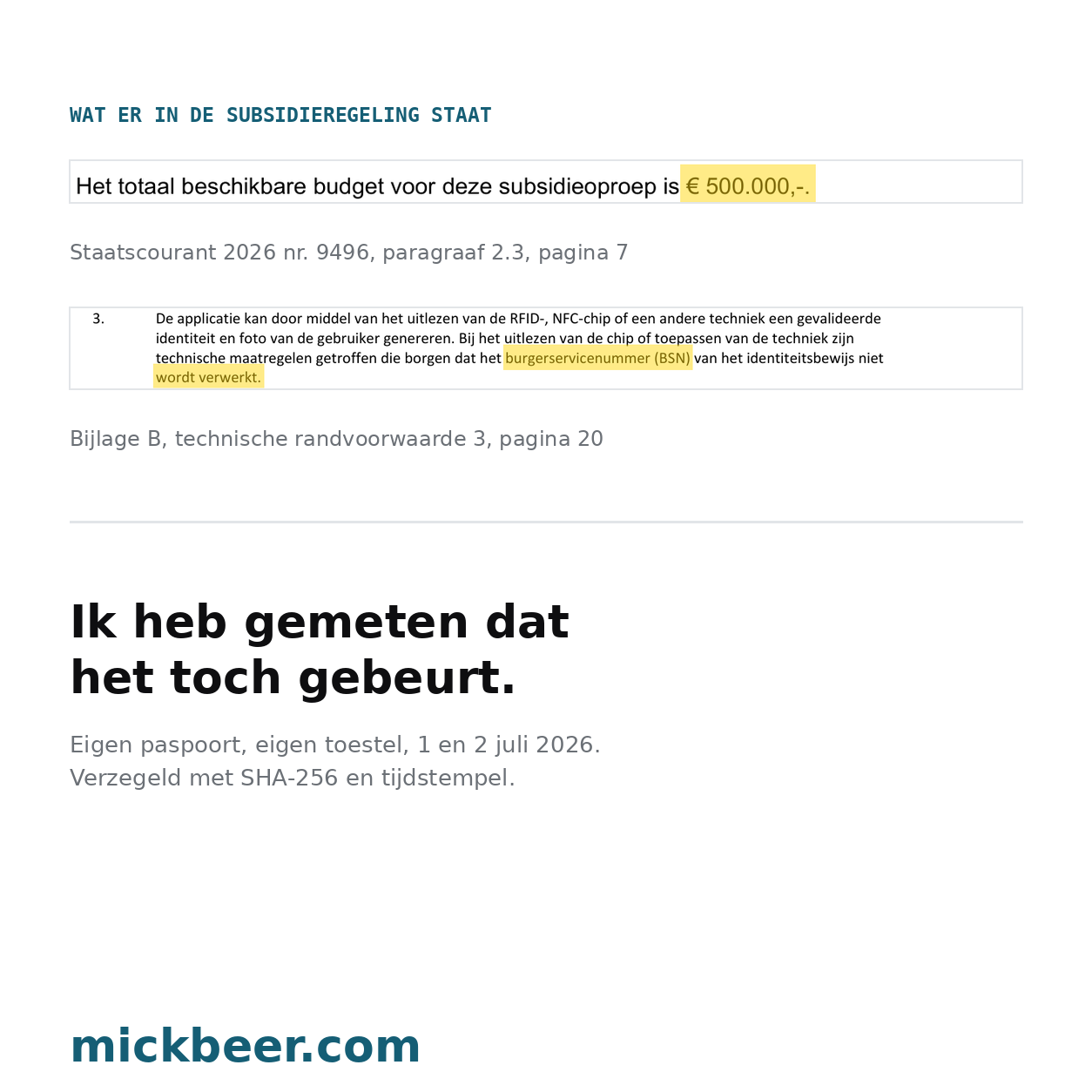 Twee uitsnedes uit de subsidieregeling: het beschikbare budget van 500.000 euro en technische randvoorwaarde 3, die borgt dat het burgerservicenummer niet wordt verwerkt, met daaronder de zin dat de meting laat zien dat het toch gebeurt.