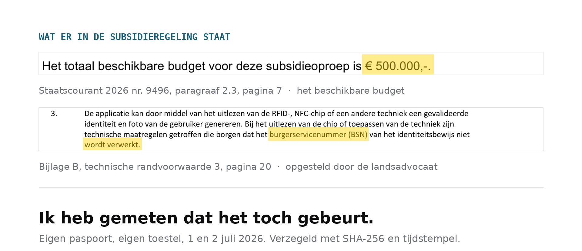 Twee uitsnedes uit de subsidieregeling. Boven de zin uit paragraaf 2.3 op pagina 7: het totaal beschikbare budget voor deze subsidieoproep is 500.000 euro, met het bedrag geel gemarkeerd. Daaronder technische randvoorwaarde 3 uit bijlage B op pagina 20: de applicatie kan door het uitlezen van de chip een gevalideerde identiteit en foto genereren, waarbij technische maatregelen zijn getroffen die borgen dat het burgerservicenummer van het identiteitsbewijs niet wordt verwerkt, met de woorden burgerservicenummer en wordt verwerkt geel gemarkeerd.