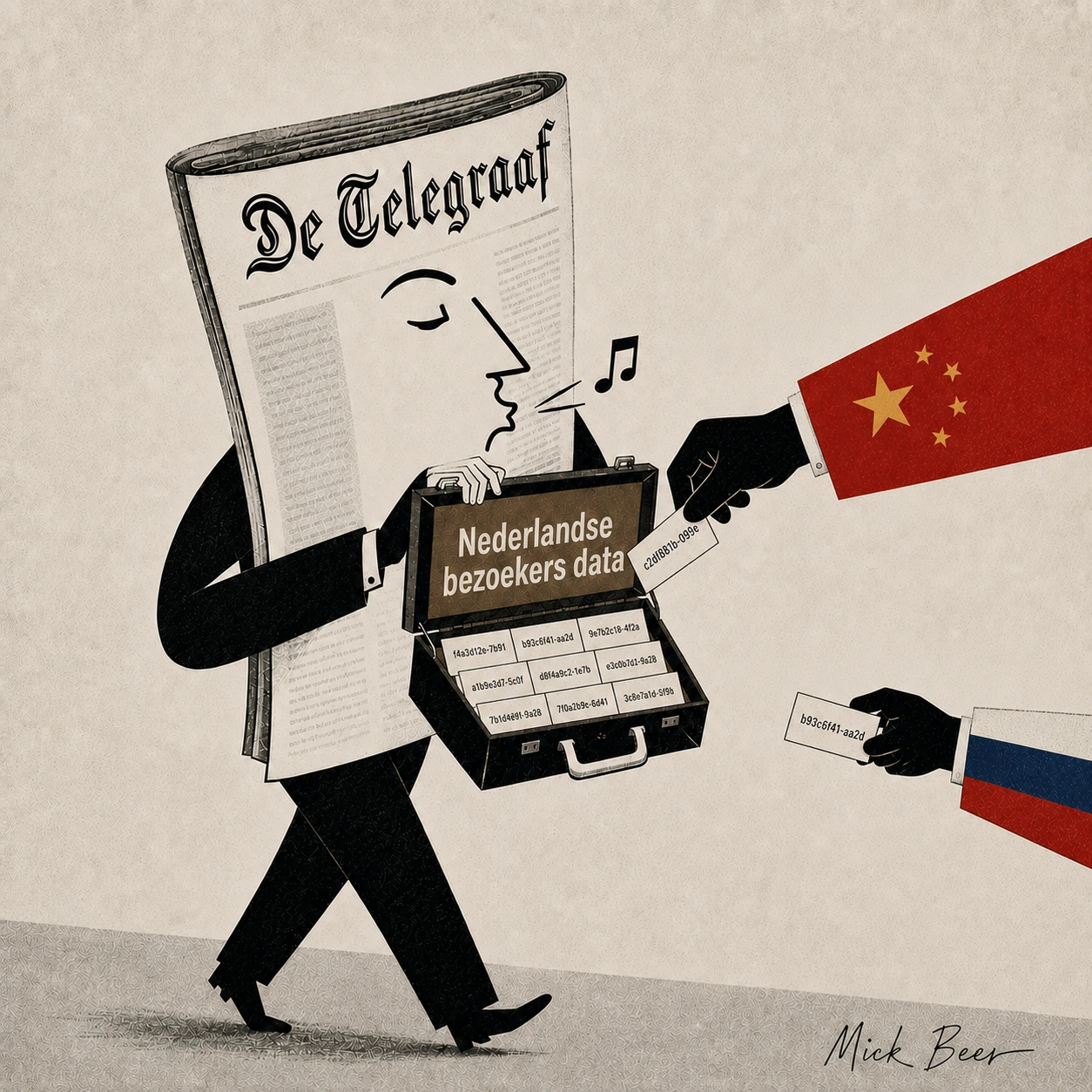 Illustratie: De Telegraaf loopt weg als krantenfiguur, fluitend, met een geopende koffer met het opschrift "Nederlandse bezoekers data". In de koffer liggen kaartjes met codes. Van rechtsboven pakt een hand met een Chinese vlag op de mouw er een kaartje uit. Van rechtsonder trekt een hand met een Russische vlag zich terug, met een kaartje er nog in.
