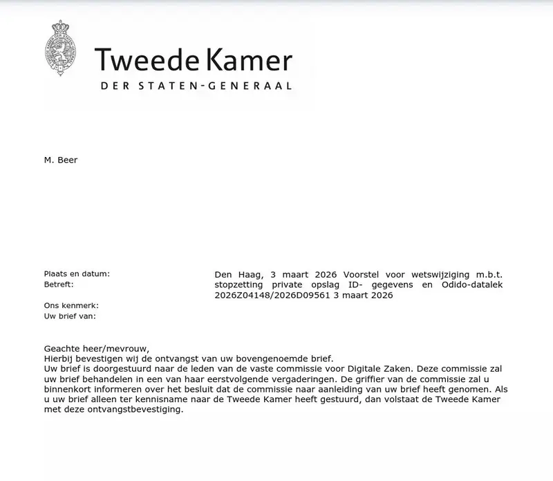 Ontvangstbevestiging Tweede Kamer: dossier 2026Z04148 / 2026D09561, 3 maart 2026